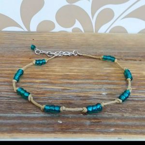 Aqua Beaded Beige Cord Ankle Bracelet